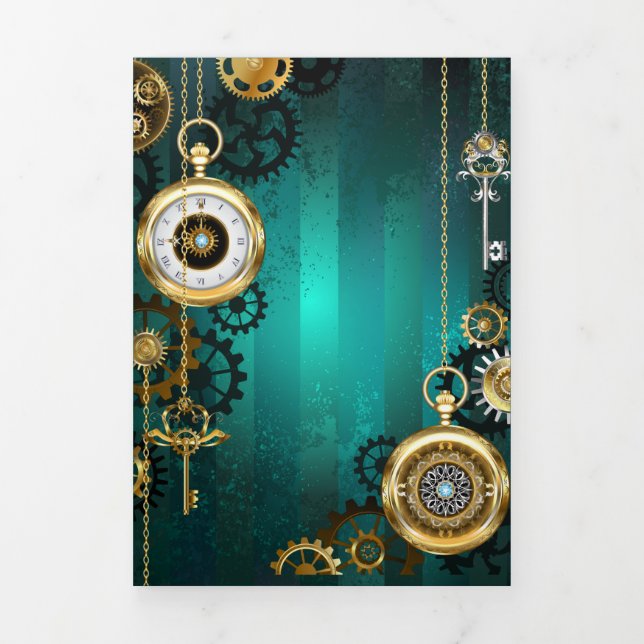 Steampunk Jewelry Watch on a Green Background Tri-Fold Invitation (Cover)