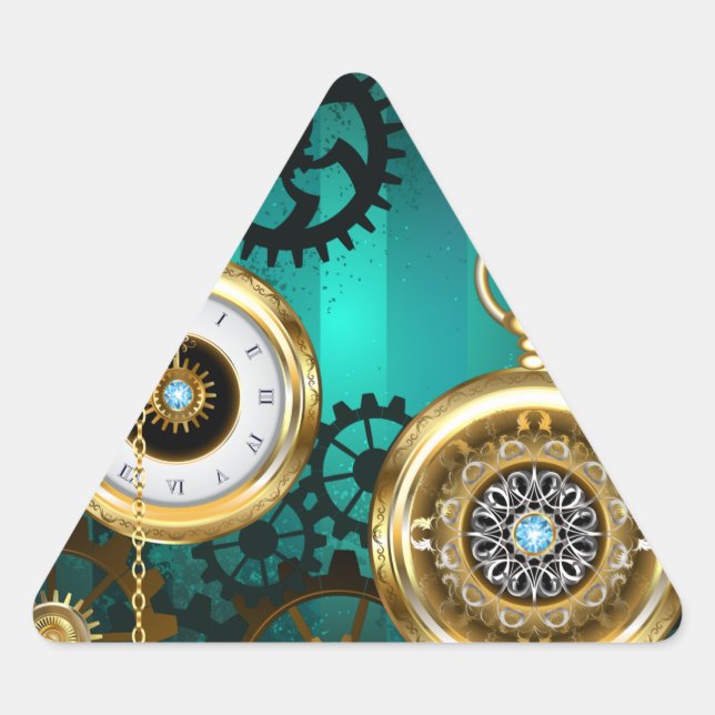 Steampunk Jewelry Watch on a Green Background Triangle Sticker (Front)