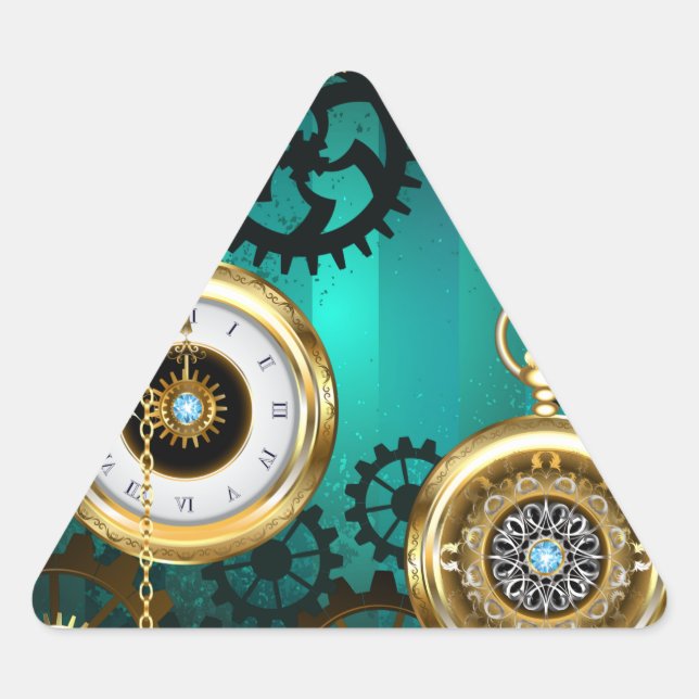 Steampunk Jewelry Watch on a Green Background Triangle Sticker (Front)