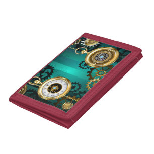 Steampunk Jewelry Watch on a Green Background Trifold Wallet