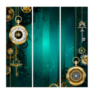 Steampunk Jewelry Watch on a Green Background Triptych