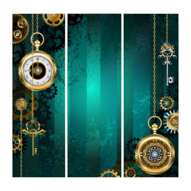 Steampunk Jewelry Watch on a Green Background Triptych (Front)