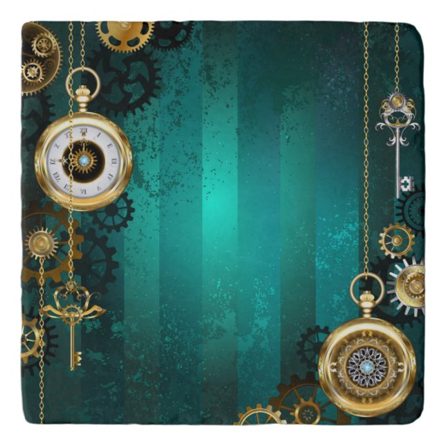 Steampunk Jewelry Watch on a Green Background Trivet (Front)
