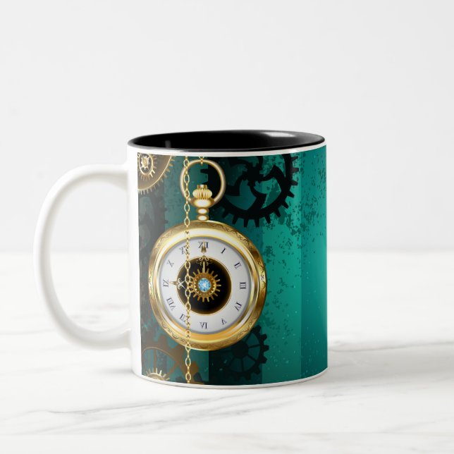 Steampunk Jewelry Watch on a Green Background Two-Tone Coffee Mug (Left)