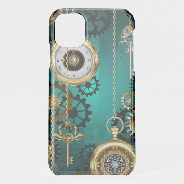 Steampunk Jewelry Watch on a Green Background Uncommon iPhone Case (Back)