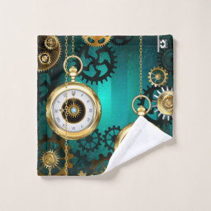 Steampunk Jewelry Watch on a Green Background Wash Cloth