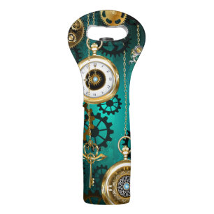 Steampunk Jewelry Watch on a Green Background Wine Bag