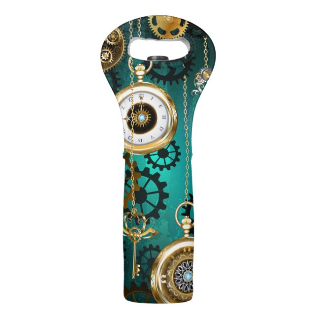 Steampunk Jewelry Watch on a Green Background Wine Bag (Front)