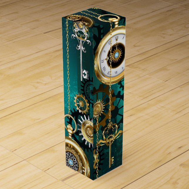 Steampunk Jewelry Watch on a Green Background Wine Box (Back)