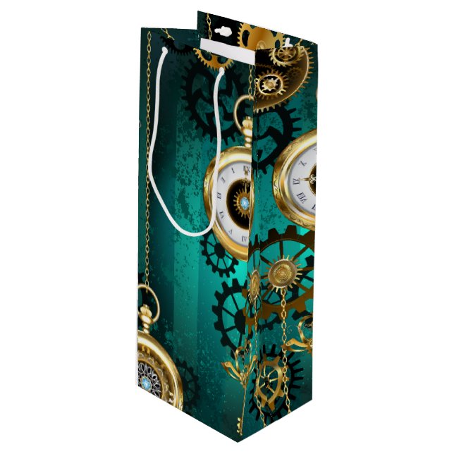 Steampunk Jewelry Watch on a Green Background Wine Gift Bag (Front Angled)