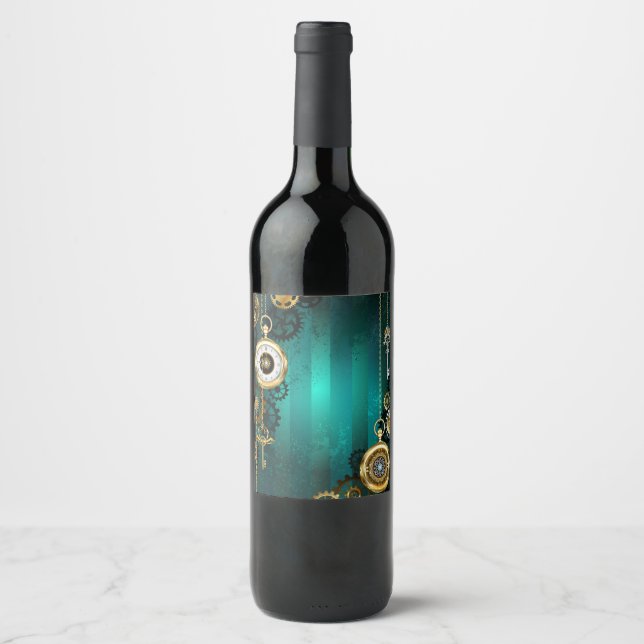 Steampunk Jewelry Watch on a Green Background Wine Label (Front)