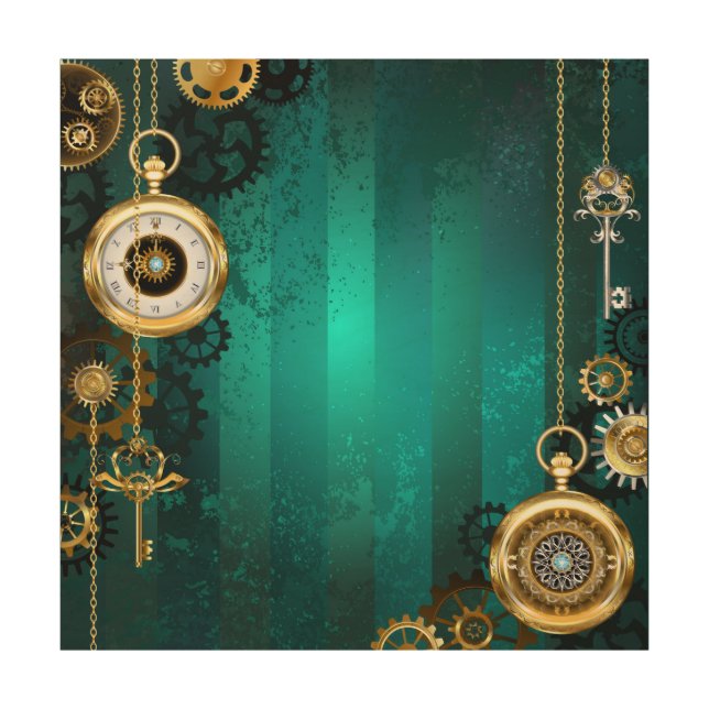 Steampunk Jewelry Watch on a Green Background Wood Wall Art (Front)