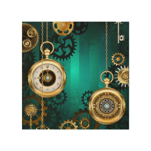 Steampunk Jewelry Watch on a Green Background Wood Wall Art