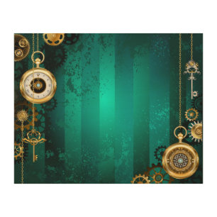 Steampunk Jewelry Watch on a Green Background Wood Wall Art
