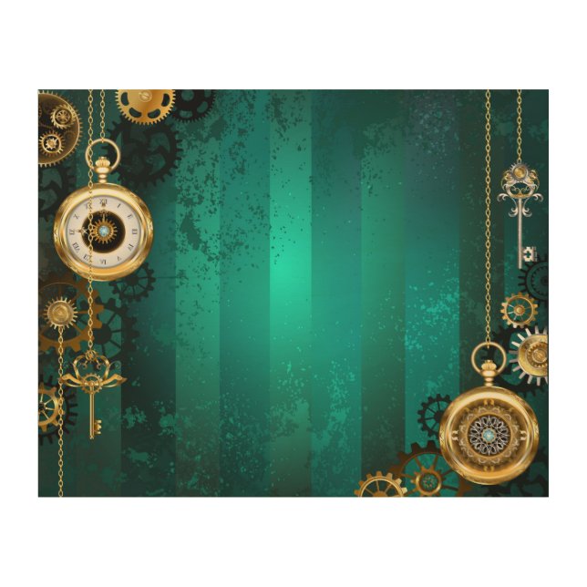 Steampunk Jewelry Watch on a Green Background Wood Wall Art (Front)
