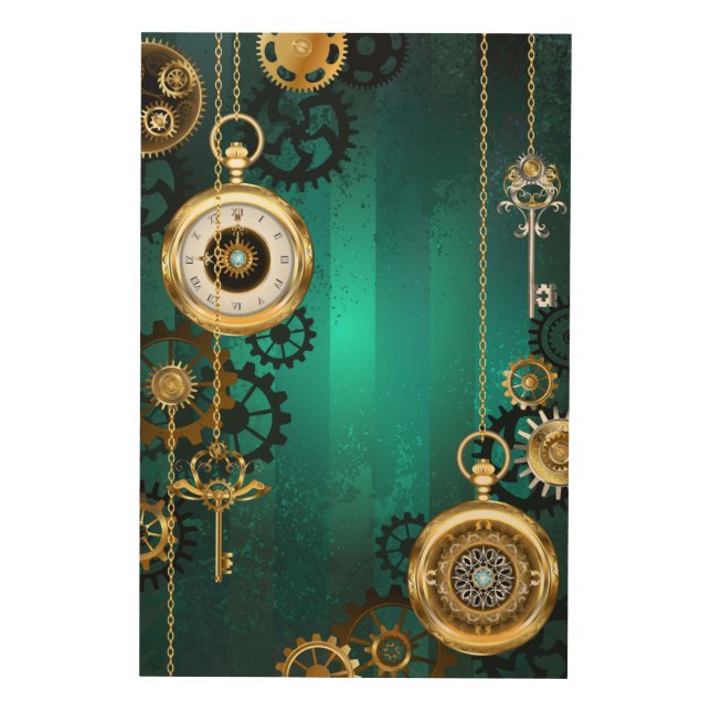 Steampunk Jewelry Watch on a Green Background Wood Wall Art (Front)