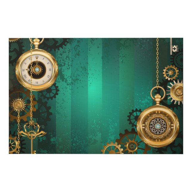 Steampunk Jewelry Watch on a Green Background Wood Wall Art (Front)