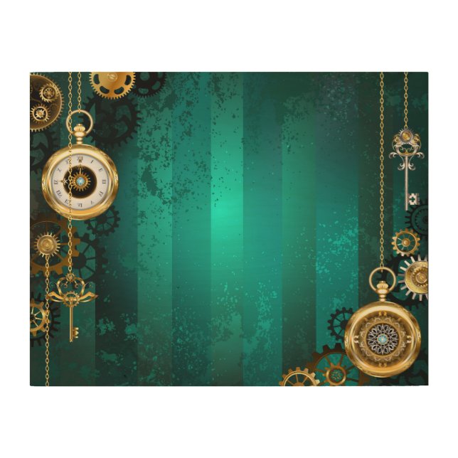 Steampunk Jewelry Watch on a Green Background Wood Wall Art (Front)