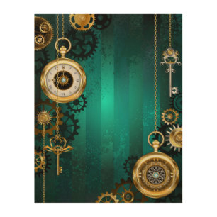 Steampunk Jewelry Watch on a Green Background Wood Wall Art