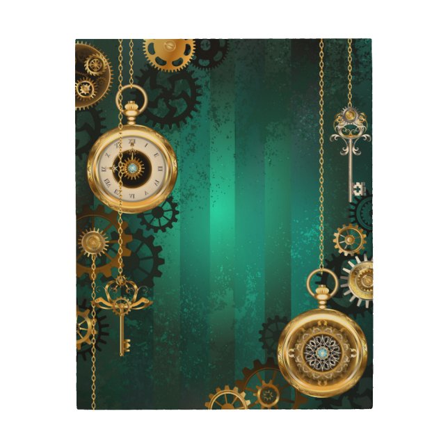Steampunk Jewelry Watch on a Green Background Wood Wall Art (Front)