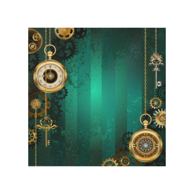 Steampunk Jewelry Watch on a Green Background Wood Wall Art (Front)