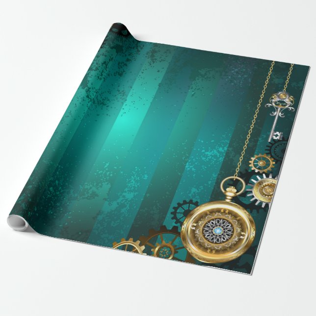 Steampunk Jewelry Watch on a Green Background Wrapping Paper (Unrolled)