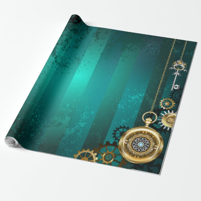Steampunk Jewelry Watch on a Green Background Wrapping Paper (Unrolled)