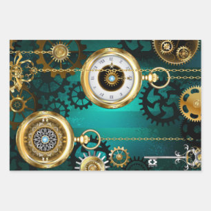Steampunk Jewelry Watch on a Green Background Wrapping Paper Sheets