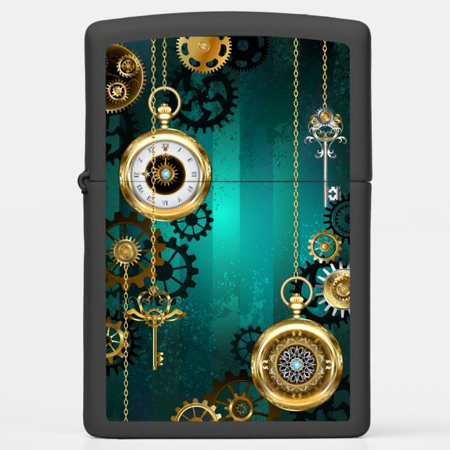 Steampunk Jewelry Watch on a Green Background Zippo Lighter (Front)