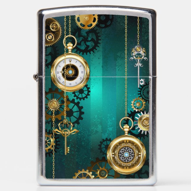 Steampunk Jewelry Watch on a Green Background Zippo Lighter (Front)
