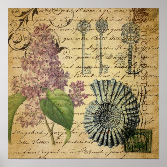 steampunk keys french botanical purple lilac poster (Front)