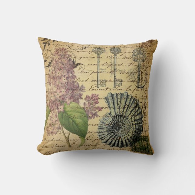 steampunk keys french botanical purple lilac throw pillow (Front)
