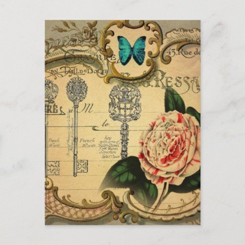 steampunk keys modern vintage pink flower camellia postcard