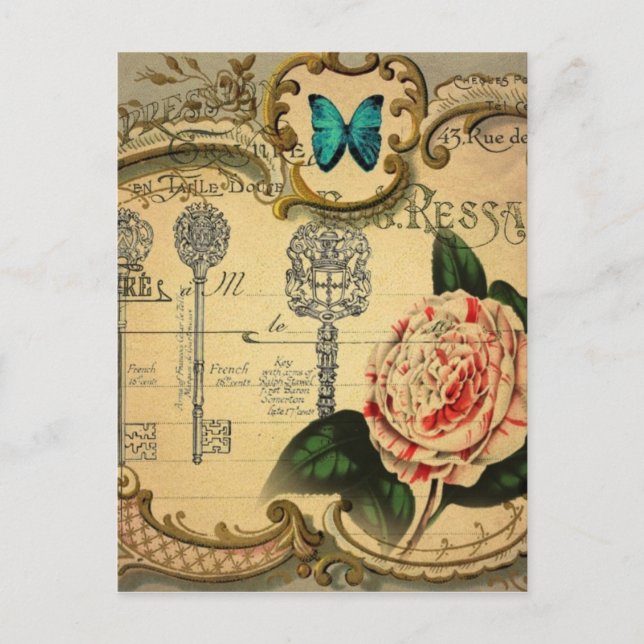 steampunk keys modern vintage pink flower camellia postcard (Front)