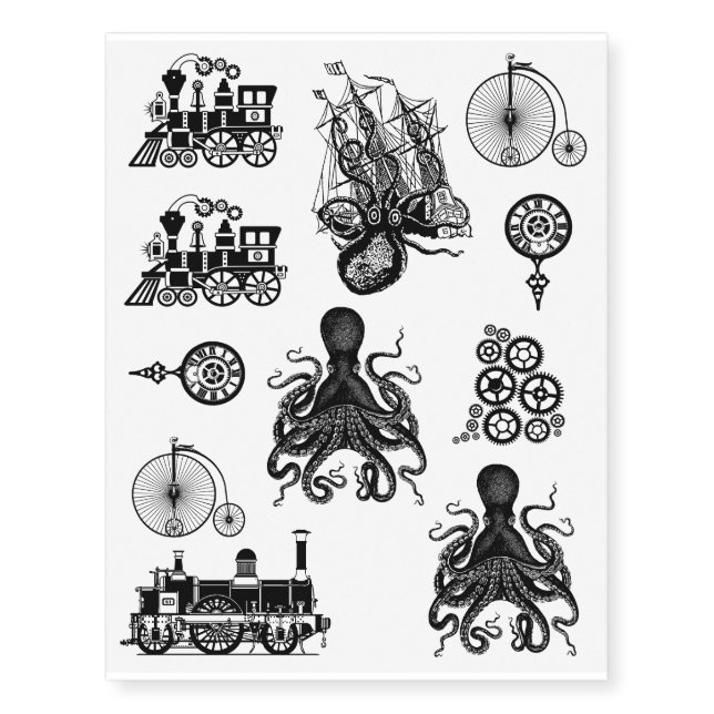 Steampunk Kraken Octopus Pirate Train Gears Party Temporary Tattoos (Front)