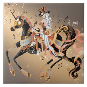 Steampunk Lady and Mechanical Horse Ceramic Tile