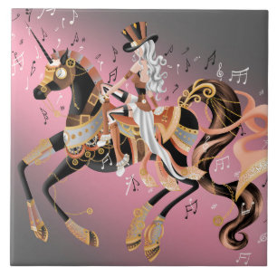 Steampunk Lady and Mechanical Horse Ceramic Tile