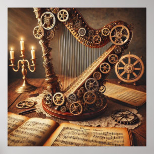 Steampunk Large Harp, Sheet Music, Candels, Gears Poster