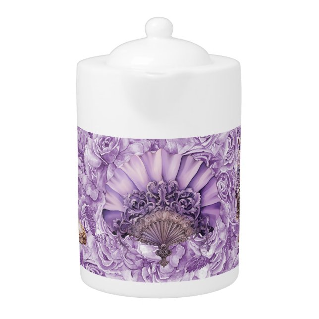 Steampunk Lilac Fan and Boots Porcelain Teapot (Front)