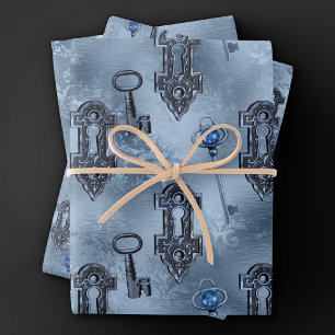 Steampunk Lock and Key Blue   Vintage Decoupage Wrapping Paper Sheets
