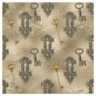 Steampunk Lock and Key Gold   Vintage Decoupage Fabric