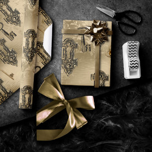 Steampunk Lock and Key Gold Vintage Decoupage Wrapping Paper