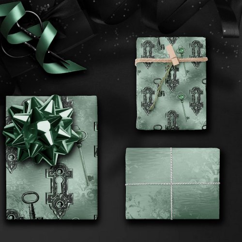 Steampunk Lock and Key Green  Vintage Decoupage Wrapping Paper Sheets