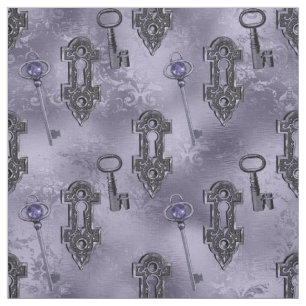Steampunk Lock and Key Purple   Vintage Decoupage Fabric