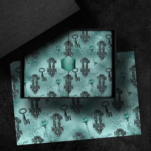 Steampunk Lock and Key Teal  Vintage Decoupage Tissue Paper