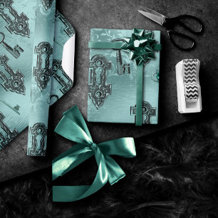 Steampunk Lock and Key Teal   Vintage Decoupage Wrapping Paper