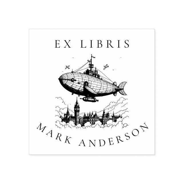 Steampunk London Airship Bookplate Stamp (Imprint)