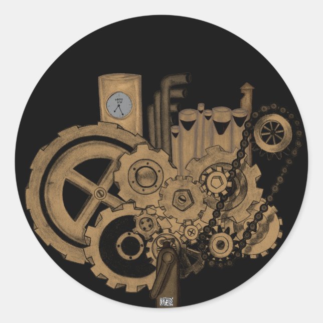 Steampunk Machinery (Brassy) Classic Round Sticker (Front)