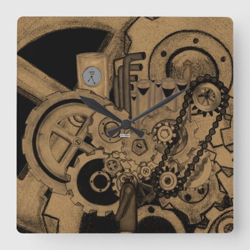 Steampunk Machinery Brassy Square Wall Clock