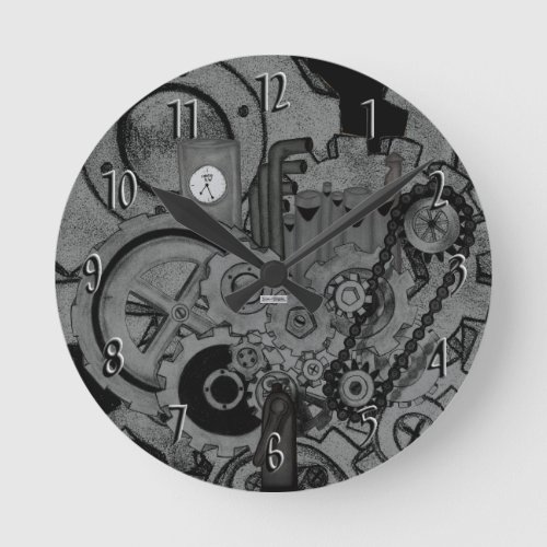 Steampunk Machinery Monochrome Round Clock